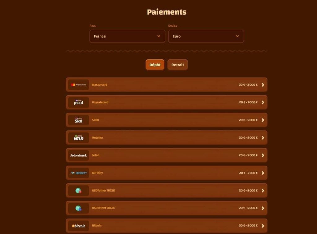 Tiki Casino moyens paiement